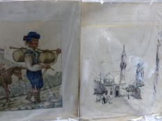 AN INTERESTING COLLECTIVE GROUP OF FIVE EARLY 19th./20th.C. DRAWINGS, TWO OF ITALIAN PEASANTS, TWO