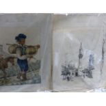 AN INTERESTING COLLECTIVE GROUP OF FIVE EARLY 19th./20th.C. DRAWINGS, TWO OF ITALIAN PEASANTS, TWO
