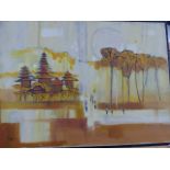 MODERN ORIENTAL SCHOOL, TEMPLES IN LANDSCAPE, SIGNED INDISTINCTLY OIL ON CANVAS. 65 x 89cms.