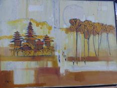 MODERN ORIENTAL SCHOOL, TEMPLES IN LANDSCAPE, SIGNED INDISTINCTLY OIL ON CANVAS. 65 x 89cms.