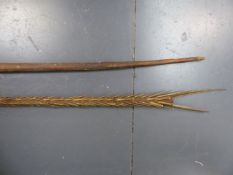 AN INTERESTING ANTIQUE TRIBAL FISHING SPEAR WITH WHIPPED APPLIED BARBS TOGETHER WITH A TRIBAL