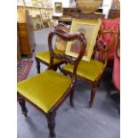 A PAIR OF 19th.C.ROSEWOOD BALLOON BACK DINING CHAIRS AND A SIMILAR PAIR OF MAHOGANY DINING CHAIRS.