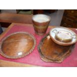 AN ANTIQUE CARVED OAK TRAY, A COOPERED BUCKET, BOWLS,ETC.