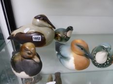A GROUP OF FIVE HELMSDALE POTTERY FIGURES OF BIRDS, A PAIR OF GAME BIRDS AND THREE DUCKS. (5)