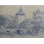 19th.C.ENGLISH SCHOOL. A CONTINENTAL TOWN VIEW EXTENSIVELY INSCRIBED VERSO IN PENCIL. 24 x 31cms.