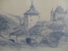 19th.C.ENGLISH SCHOOL. A CONTINENTAL TOWN VIEW EXTENSIVELY INSCRIBED VERSO IN PENCIL. 24 x 31cms.