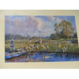 AFTER LIONEL EDWARDS.( ARR ) CROSSING THE WATERMEADOW A PENCIL SIGNED COLOUR PRINT. IMAGE 17 x