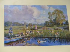 AFTER LIONEL EDWARDS.( ARR ) CROSSING THE WATERMEADOW A PENCIL SIGNED COLOUR PRINT. IMAGE 17 x