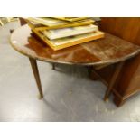 A GEORGIAN MAHOGANY DROP LEAF SUPPER TABLE ON TURNED LEGS WITH PAD FEET.