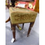 A 19th.C.MAHOGANY STOOL ON TURNED AND REEDED LEGS.