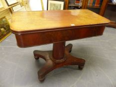 A MID VICTORIAN MAHOGANY FOLD OVER TEA TAB101cms.LE ON OCTAGONAL COLUMN AND PLATFORM BASE. W.