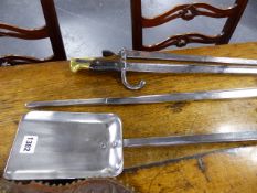 AN UNUSUAL SET OF STEEL FIRESIDE TOOLS CONSTRUCTED FROM ANTIQUE BAYONETS.