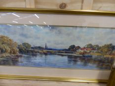 ALFRED MACDONALD 19th/20th.C. ENGLISH SCHOOL. A VIEW ON THE THAMES, SIGNED WATERCOLOUR. 27x77cms.