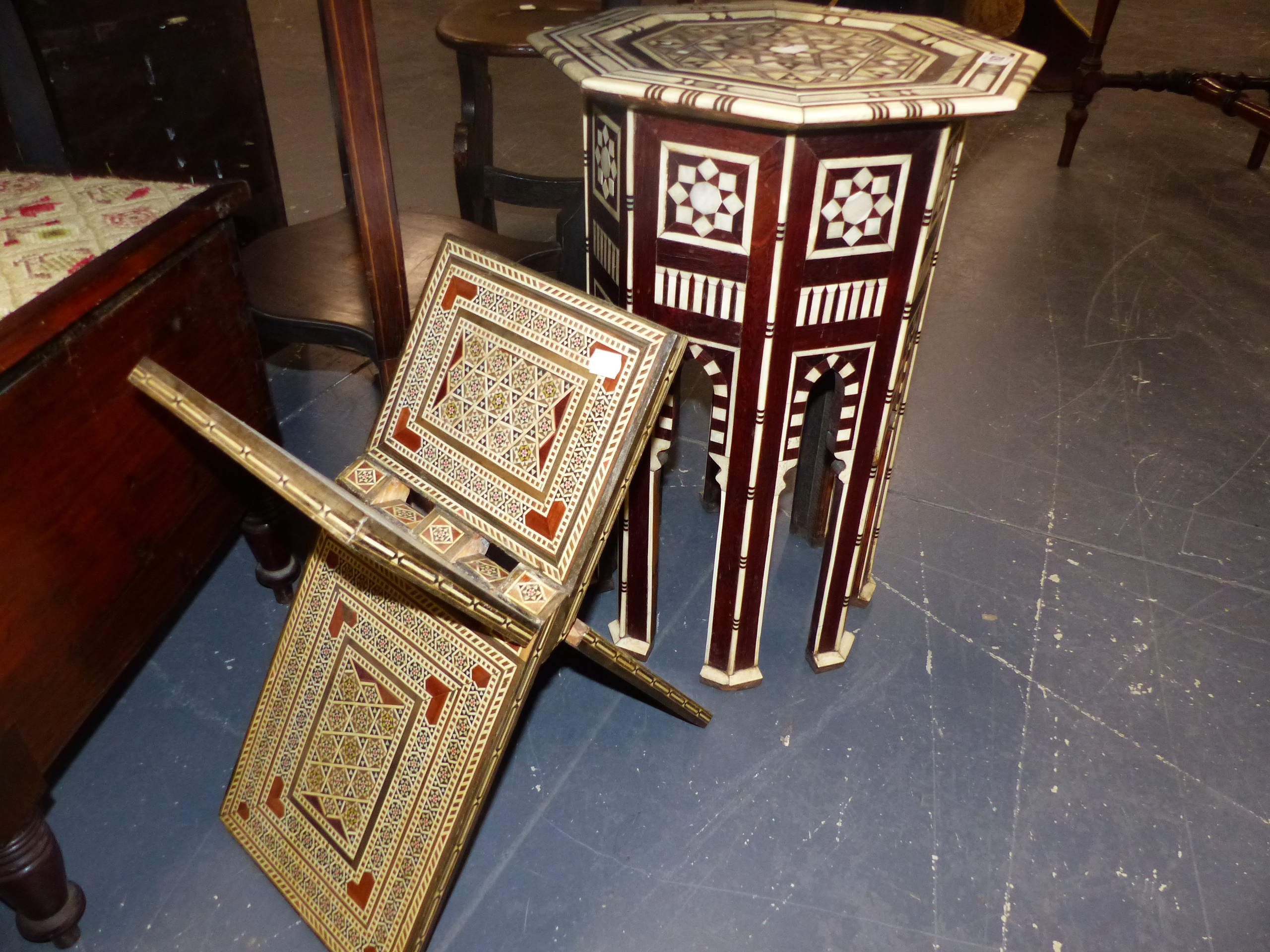 A SYRIAN INLAID KORAN STAND TOGETHER WITH A BONE AND MOTHER OF PEARL INLAID OCTAGONAL TABLE OF - Image 5 of 6