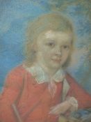 18th/19th.C. ENGLISH SCHOOL. AN OVAL PORTRAIT OF A BOY WITH HIS DOG, PASTEL. 43.5 x 36cms.