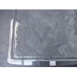 A LALIQUE MOULDED GLASS RECTANGLUAR TRAY DECORATED WITH BIRDS. W.45cms.