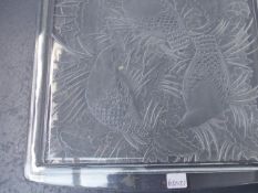 A LALIQUE MOULDED GLASS RECTANGLUAR TRAY DECORATED WITH BIRDS. W.45cms.