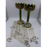 A PAIR OF VICTORIAN BOHEMIAN GREEN CUT TO WHITE OVERLAY GLASS LUSTRES, THE TOPS WITH PORTRAIT