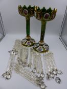 A PAIR OF VICTORIAN BOHEMIAN GREEN CUT TO WHITE OVERLAY GLASS LUSTRES, THE TOPS WITH PORTRAIT