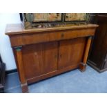 A CONTINENTAL SATINWOOD SIDE CABINET WITH FRIEZE DRAWER OVER TWO DRAWERS. W.121cms.