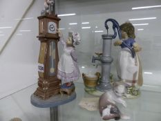 THREE LLADRO PORCELAIN FIGURES, A CAT AND MOUSE, A GIRL WITH A CLOCK AND ANOTHER OF A GIRL AT A