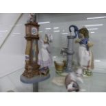 THREE LLADRO PORCELAIN FIGURES, A CAT AND MOUSE, A GIRL WITH A CLOCK AND ANOTHER OF A GIRL AT A