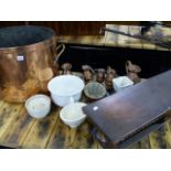 A LARGE COPPER COOKING PAN, A BOYES PATENT WARMING STAND, COPPER JUGS, JELLY MOULDS,ETC.