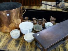 A LARGE COPPER COOKING PAN, A BOYES PATENT WARMING STAND, COPPER JUGS, JELLY MOULDS,ETC.