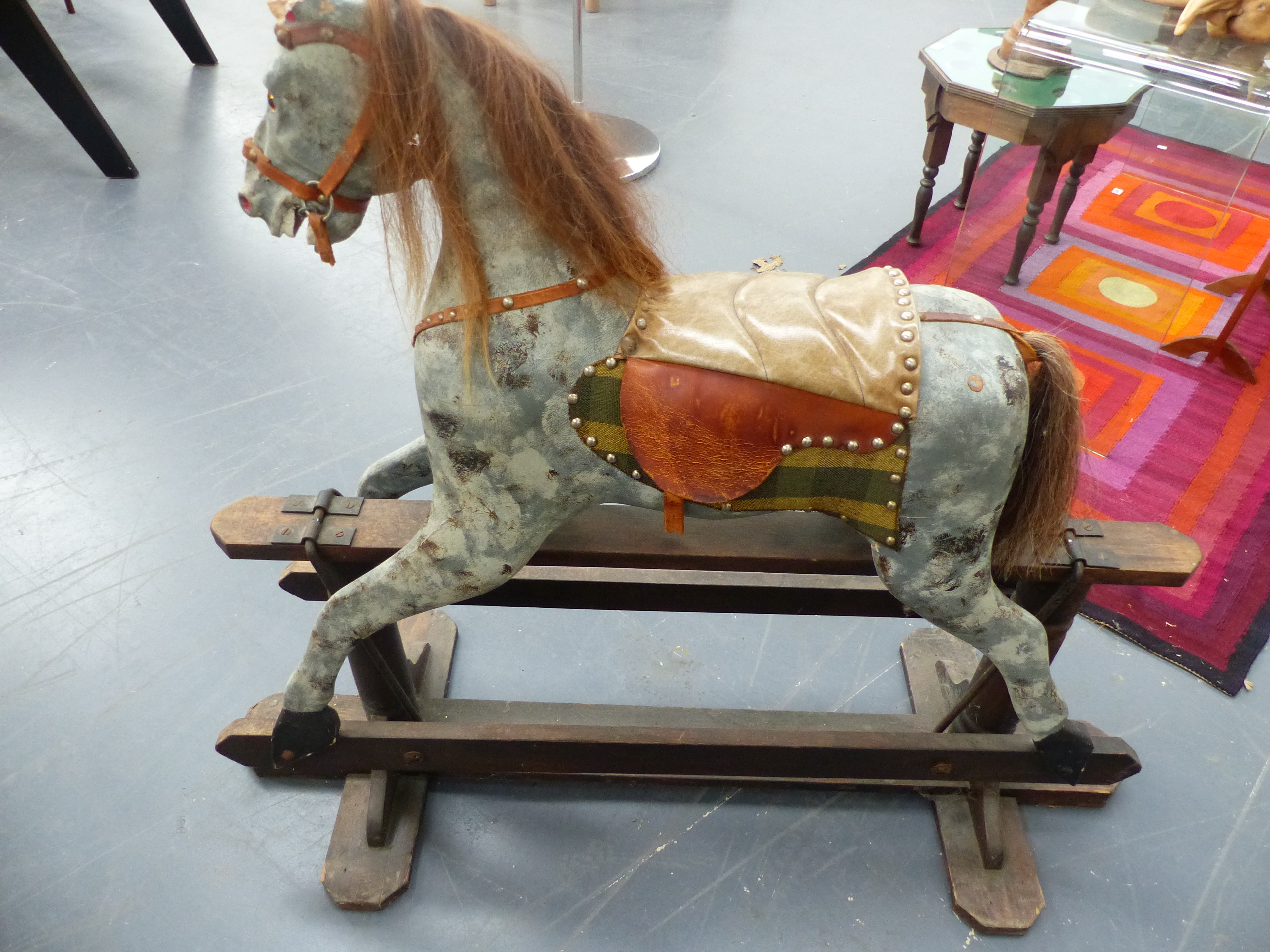 A VINTAGE HAND PAINTED ROCKING HORSE ON TRESTLE BASE. - Image 6 of 8