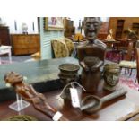 A BENIN TYPE BRONZE HEAD WITH ELONGATED NECK, A SIMILAR AFRICAN BRONZE CUP, COPPER SLAVE BANGLE,