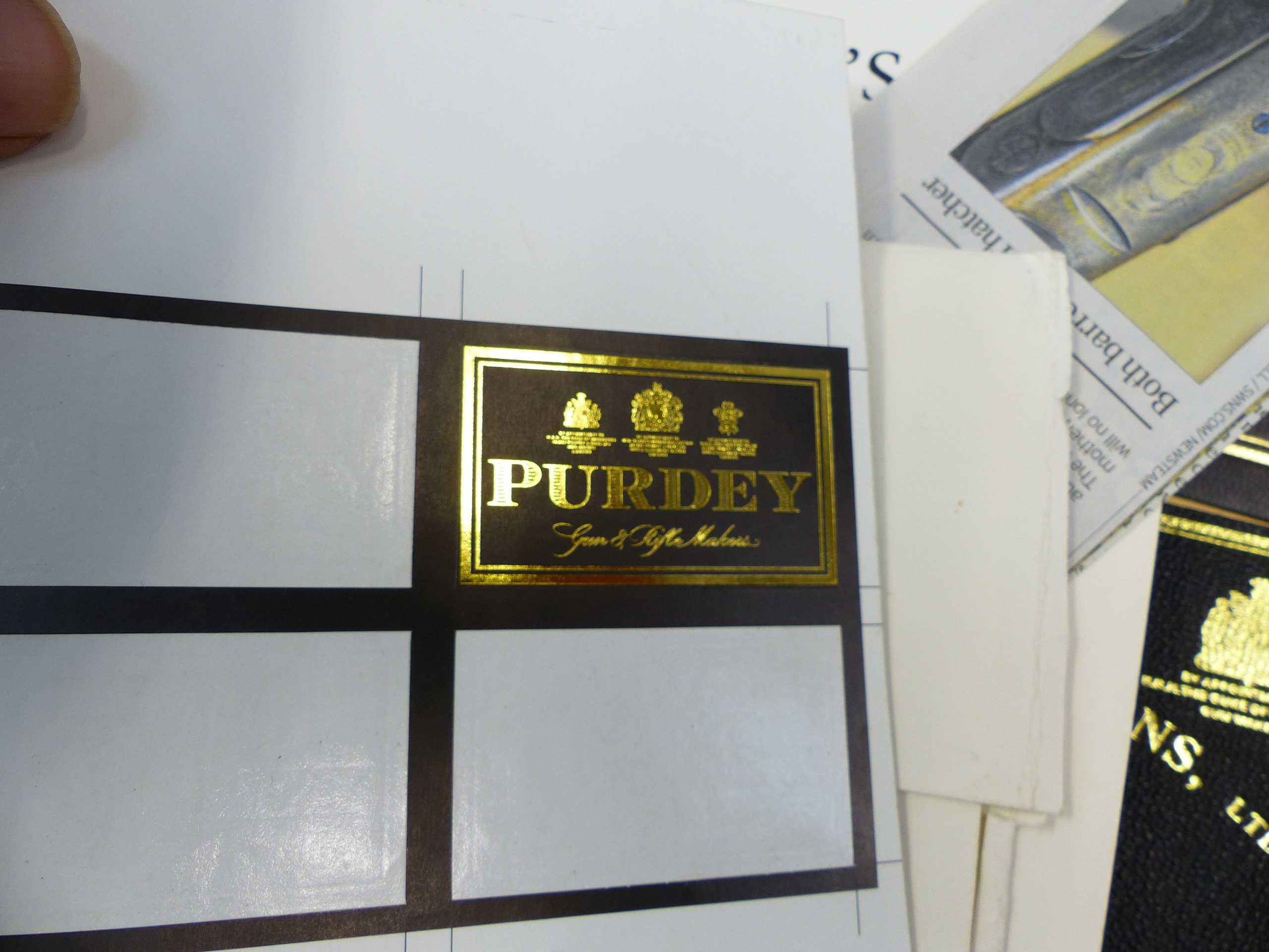 TWO UNUSED JAMES PURDEY AND SONS LEATHER GUN CASE LABELS, A SET OF PURDEY PLACE MARKER CARDS AND A - Image 4 of 5