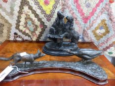 A BRONZE SIGNED FIGURAL GROUP OF TWO DOGS ON MARBLE BASES TOGETHER WITH A GOOSE AND A FOX, MODERN