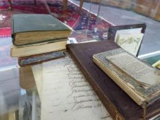 A GROUP OF BOOKS AND EPHEMERA TO INCLUDE VELLUM INDENTURES,A HAND WRITTEN FRENCH DOCUMENT c.1787,