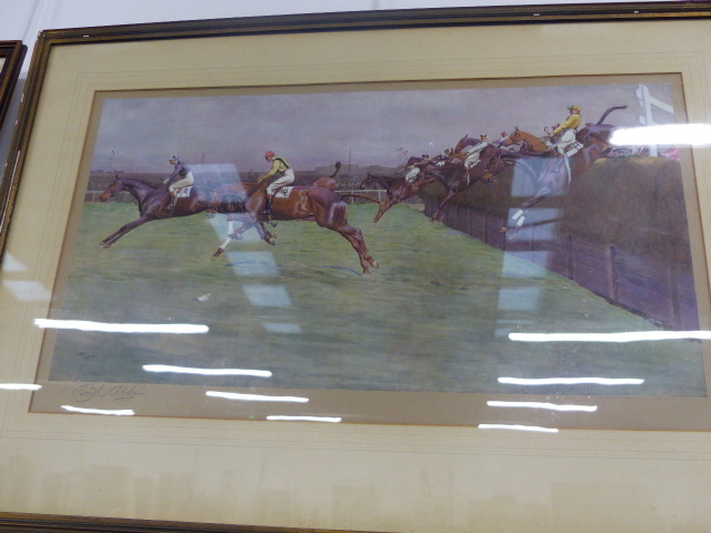 FOUR VINTAGE COLOUR STEEPLE CHASE PRINTS AFTER CECIL ALDIN, ALL PENCIL SIGNED 38 x 66cms TOGETHER - Image 12 of 23