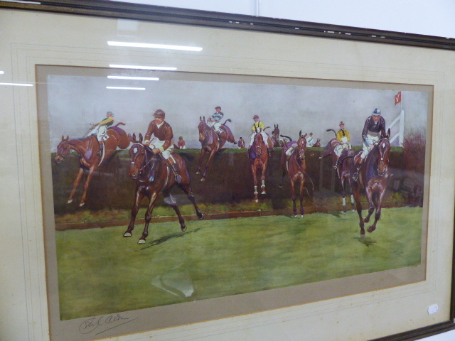 FOUR VINTAGE COLOUR STEEPLE CHASE PRINTS AFTER CECIL ALDIN, ALL PENCIL SIGNED 38 x 66cms TOGETHER - Image 8 of 23