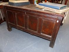 AN EARLY 18th.C.OAK PANELLED COFFER. W.103cms.