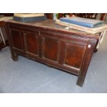 AN EARLY 18th.C.OAK PANELLED COFFER. W.103cms.