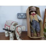 A STRING PUPPET ELEPHANT, A CLOTH COWBOY DOLL, VINTAGE BUILDING BLOCKS,ETC.