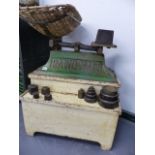A RARE SET OF RADIO-MALT ADVERTISING BABY SCALES COMPLETE WITH WEIGHTS AND STAND.