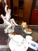 A MEISSEN FLORAL DECORATED CUP AND SAUCER TOGETHER WITH VARIOUS CONTINENTAL FIGURES, DRESSER BOXES,