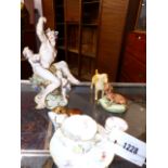 A MEISSEN FLORAL DECORATED CUP AND SAUCER TOGETHER WITH VARIOUS CONTINENTAL FIGURES, DRESSER BOXES,