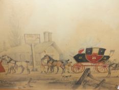 MID 19th.C.ENGLISH NAIVE SCHOOL. THE ROYAL MAIL COACH, PENCIL AND WATERCOLOUR. 35 x 53cms.