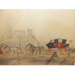 MID 19th.C.ENGLISH NAIVE SCHOOL. THE ROYAL MAIL COACH, PENCIL AND WATERCOLOUR. 35 x 53cms.