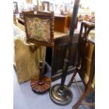 A 19th.C.ROSEWOOD POLE SCREEN TOGETHER WITH A CHINOISERIE DECORATED STANDARD LAMP.