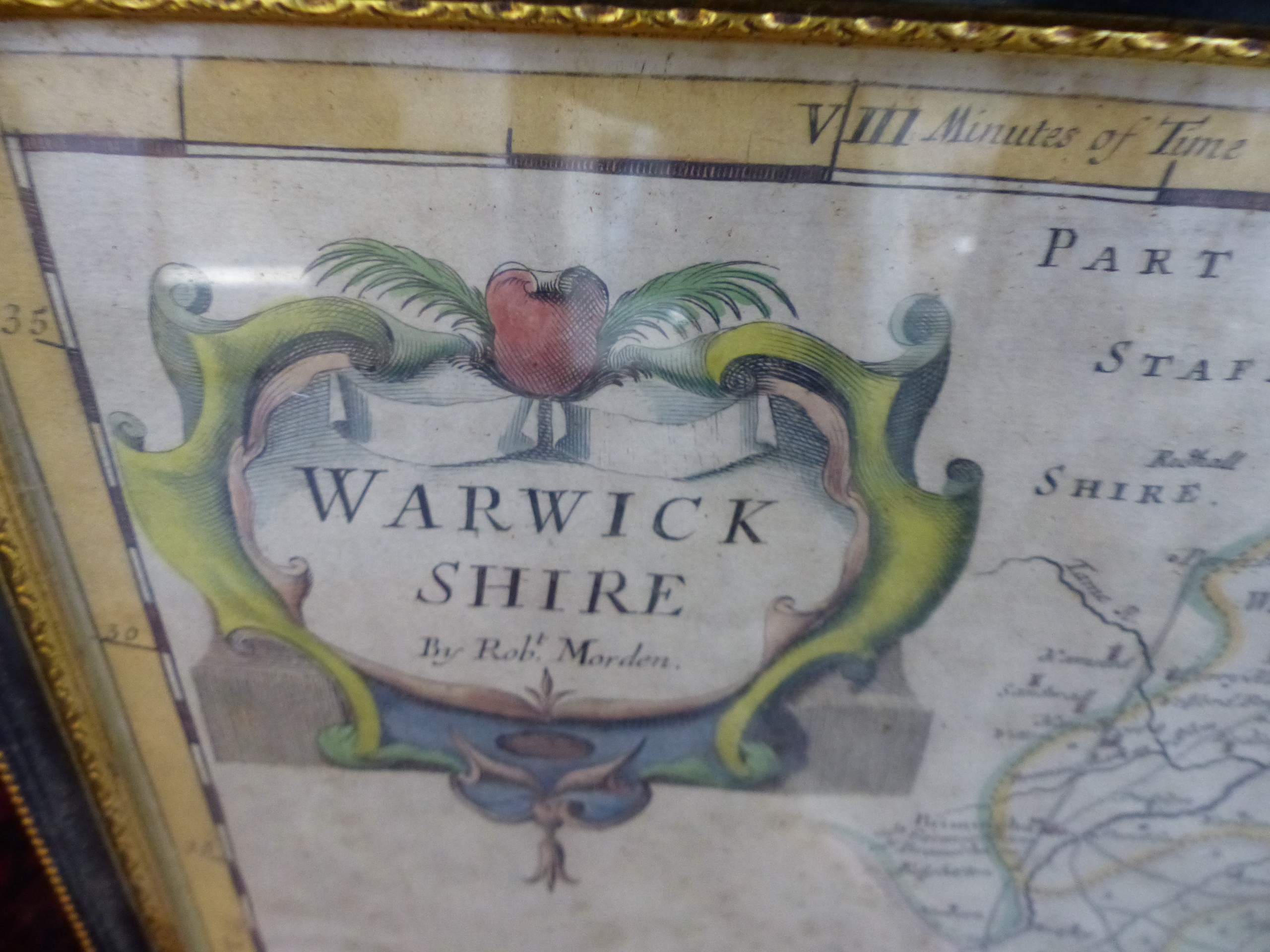AN ANTIQUE HAND COLOURED MAP OF WARWICKSHIRE BY ROBERT MORDEN. 37 x 43cms. - Bild 3 aus 4