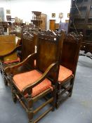 A SET OF EIGHT SOLID YEW WOOD 17th.C.STYLE DINING CHAIRS WITH PANEL SEATS AND BACKS.