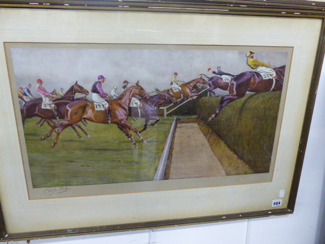 FOUR VINTAGE COLOUR STEEPLE CHASE PRINTS AFTER CECIL ALDIN, ALL PENCIL SIGNED 38 x 66cms TOGETHER - Image 4 of 23