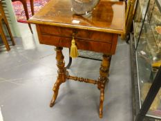 A 19th.C.BURR WALNUT AND INLAID WORK TABLE ON TURNED SUPPORTS AND SHAPED LEGS. W.46cms.