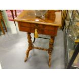 A 19th.C.BURR WALNUT AND INLAID WORK TABLE ON TURNED SUPPORTS AND SHAPED LEGS. W.46cms.