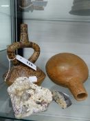 TWO PRE-COLUMBIAN TYPE CHANCAY POTTERY VESSELS TOGETHER WITH TWO GEM CRYSTAL INCLUDED STONE SAMPLES